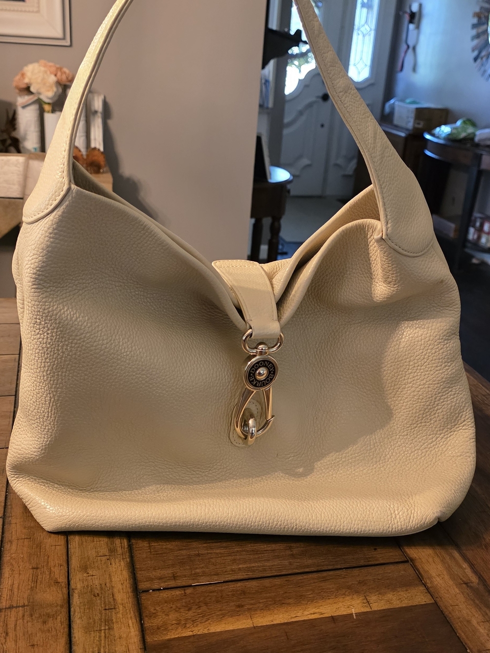 Dooney & Bourke Cream Pebbled Leather Shoulder Hobo with Gold Hardware